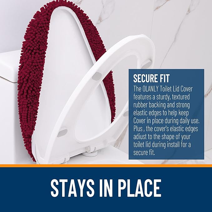 OLANLY Soft Chenille Bathroom Toilet Lid Cover, Machine Washable Seat Covers, 17.5x15, Stays in Place Rubber Backing, Fits Most Round, Elongated and Oblong Lids, Accessories Decor, Burgundy