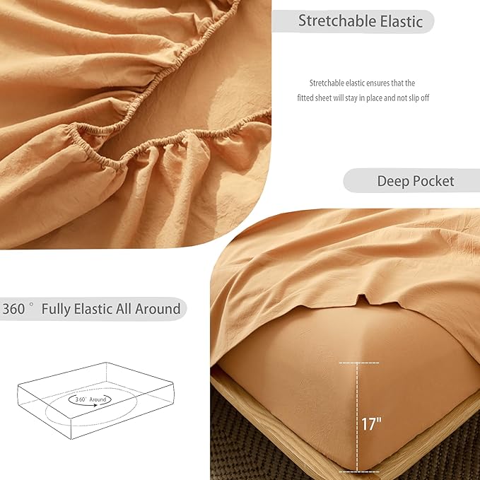 MooMee Bedding Sheet Set 100% Washed Cotton Linen Like Textured Breathable Durable Soft Comfy (Solid Burnt Orange, California King)