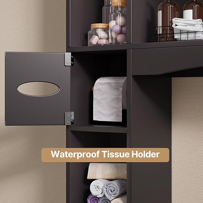 Gizoon Over The Toilet Storage Cabinet, Over Toilet Bathroom Organizer with Adjustable Shelves and 2 Doors, Over Toilet Storage Cabinet with Paper Holder, 2 Side Hooks, Space-Saver, Dark Brown