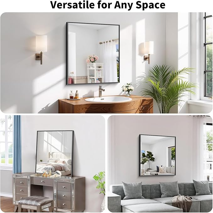 Koonmi Black Framed Bathroom Mirror - Shatterproof 30"x20" Tempered Glass, HD No Distortion, Horizontal/Vertical Mount, Modern Matte Aluminum Alloy Frame