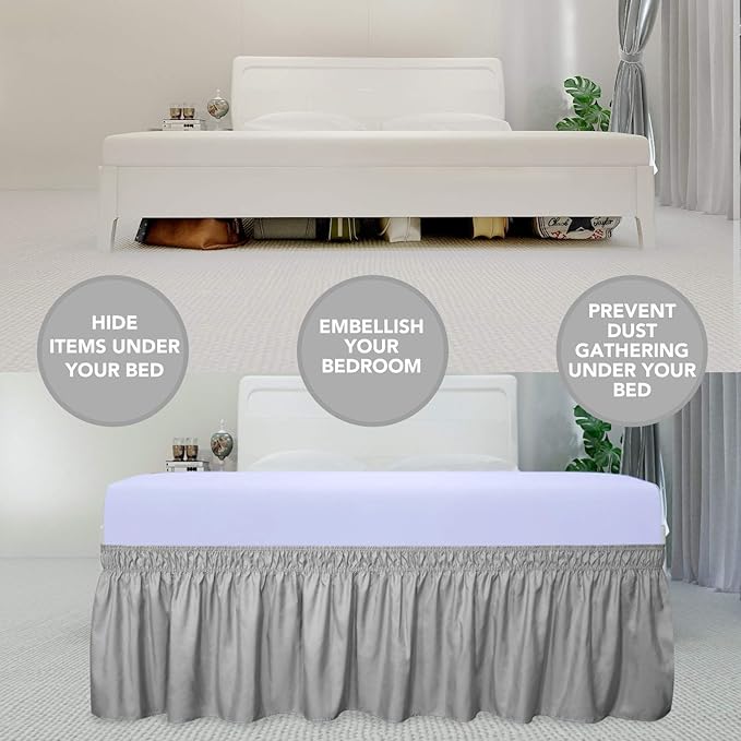 PureFit Wrap Around Ruffled Bed Skirt with Adjustable Elastic Belt - 22 Inch Drop Easy to Put On, Wrinkle Free Bedskirt Dust Ruffles, Bed Frame Cover for Queen, King and C-King Size Beds, Light Gray