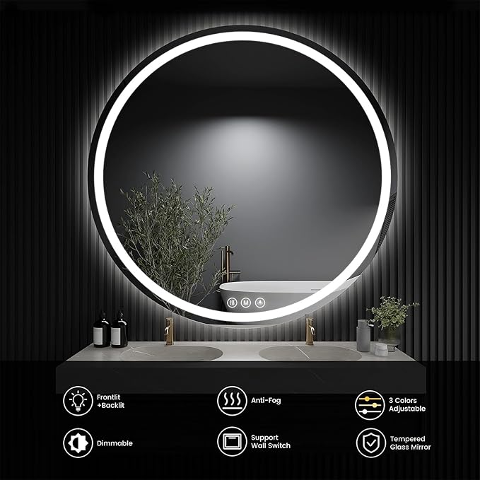 LED Bathroom Mirror 40 Inch Round Bathroom Mirror with Lights, Circle LED Mirror, Wall Mounted Lighted Bathroom with 3 Colors Brightness, Anti-Fog, Dimmable, Shatter-Proof