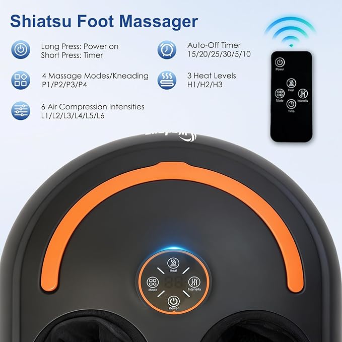 Shiatsu Foot Massager Electric Feet Massage Machine Deep Kneading Relief for Plantar Fasciitis, Air Compression, 3 Heat Levels Relax for Home Office Use, Christmas Gifts for Women Mom Dad Black