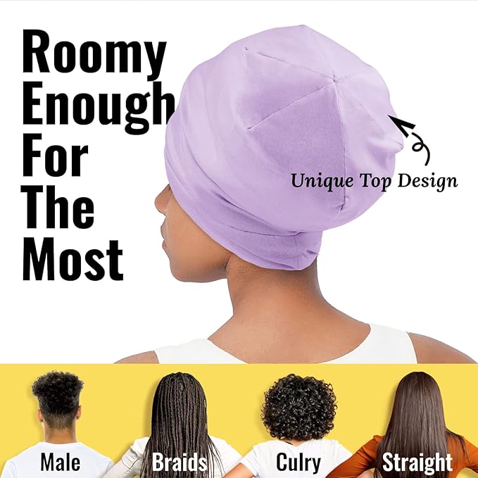 Satin Lined Sleep Cap Bonnet for Curly Hair and Braids, Stay On All Night Hair Wrap with Adjustable Strap for Women and Men, Lavender, Pack of 1