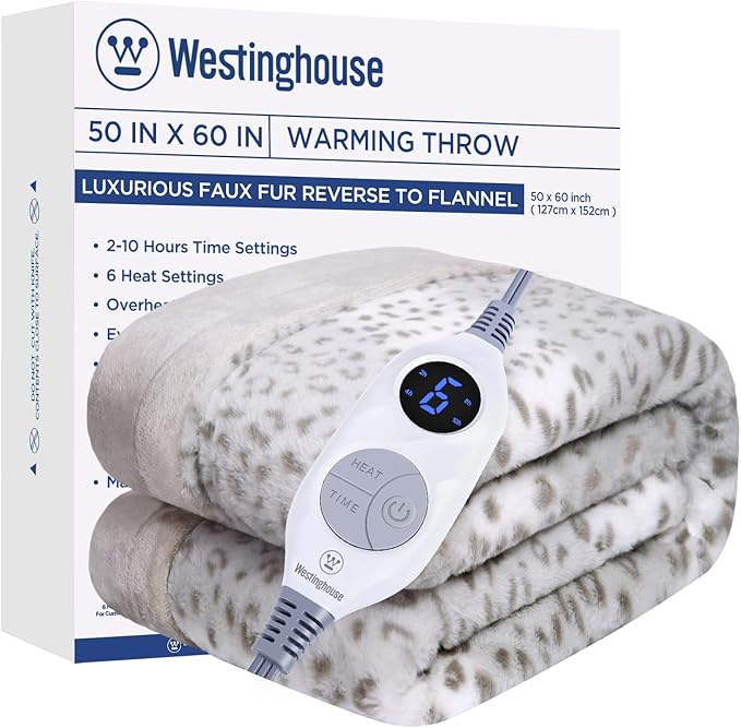 Westinghouse Heated Throw Blanket, Grey Leopard Electric Throw Blanket, Luxury Faux Fur to Flannel Reversible, 6 Heating Levels & 2-10 Hours Time Setting, Machine Washable(Throw, 50"x60")