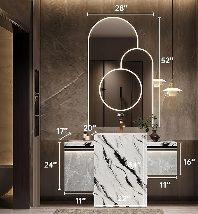Single Sink Freestanding Bath Vanity, Modern Bath Vanity with LED Smart Mirror, 44IN Solid Wood Floating Bathroom Sink Cabinet with Marble Slate Top and Large Storage Drawer