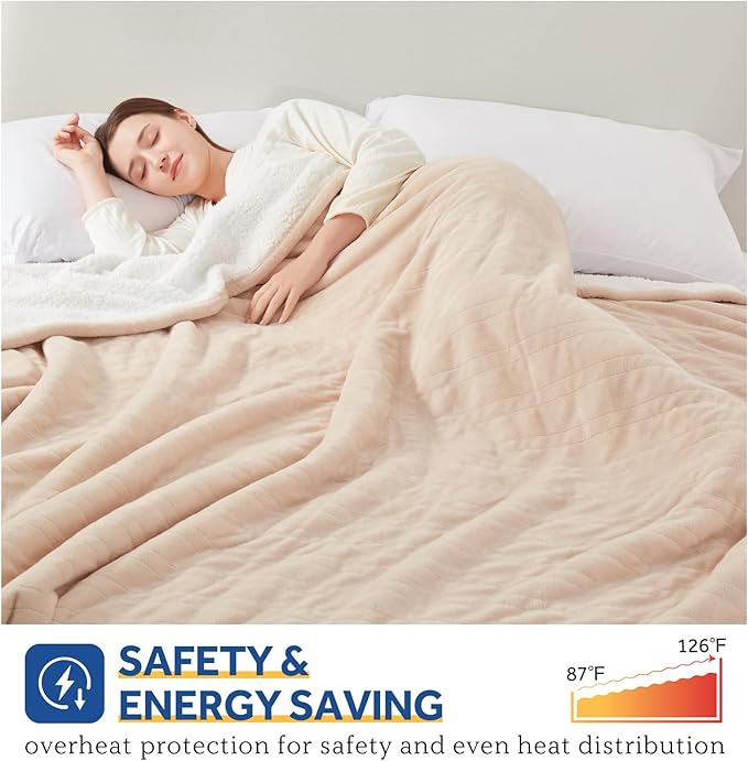 SEALY Electric Blanket King Size, Flannel & Sherpa Heated Blanket with 10 Heating Levels & 1-12 Hours Auto Shut Off, Fast Heating Warming Blanket, Machine Washable, Beige, 100 x 90 Inch