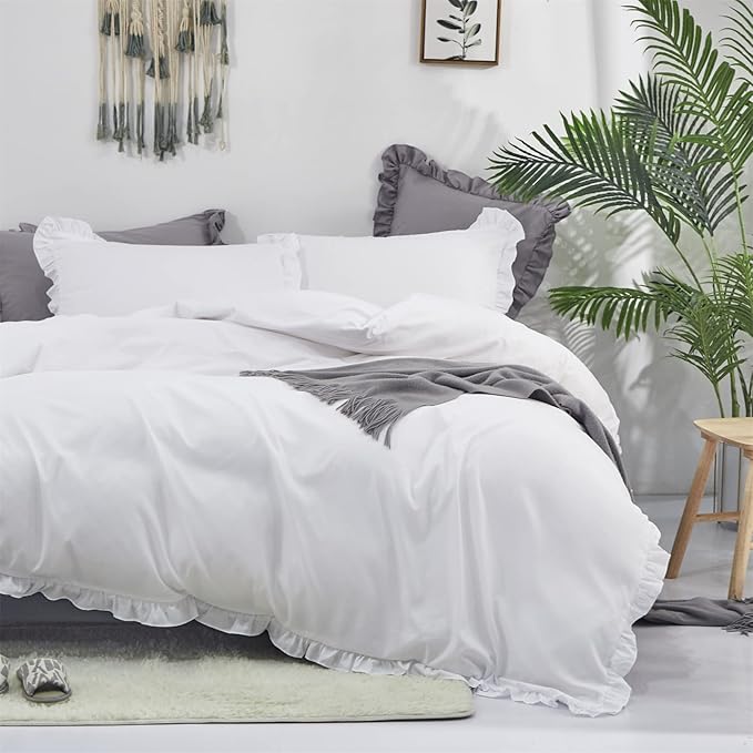 Cottonight White Comforter Set King White Ruffle Bedding Comforter Set Ruffles Farmhosue Boho White Blanket Quilts Rustic Soft Breathable Chic 3PCs Bedding Set for King Bed