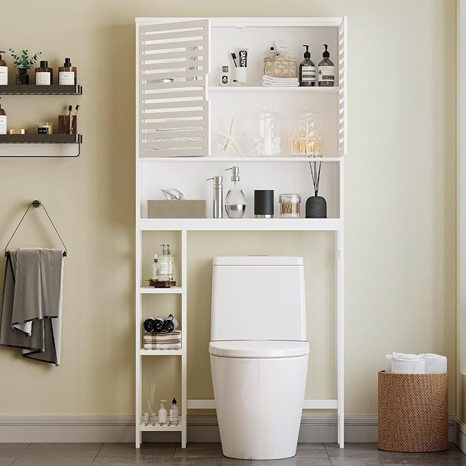 Over The Toilet Storage Cabinet, Bamboo Over Toilet Bathroom Organizer Cabinet with 2 Doors, Freestanding Home Space Save Toilet Rack for Restroom, Bathroom, Laundry, White