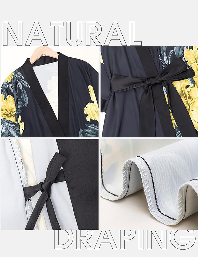 Silk Satin Robe for Women Long Japanese Kimono Robe Lightweight Soft Bathrobe Floral Luxury Dressing Gown
