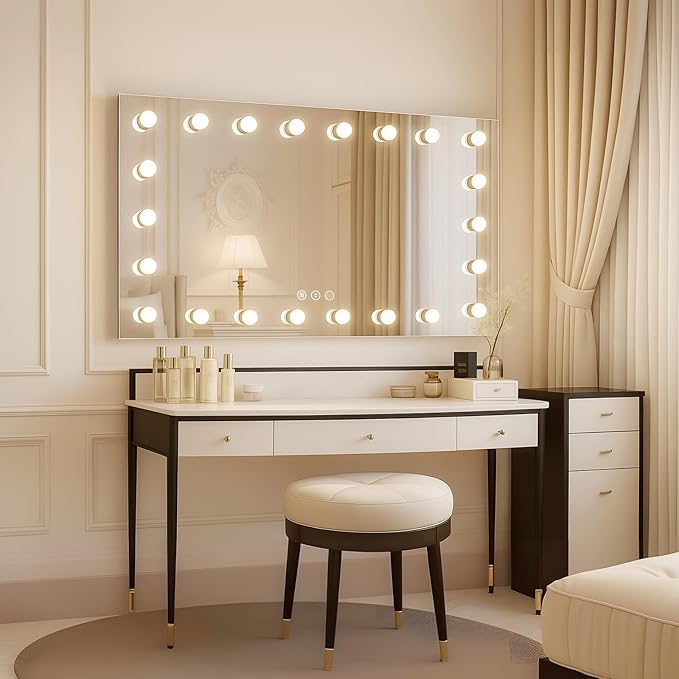 WTTY LED Bathroom Mirror with Lights 48"x36" Hollywood Wall-Mounted Mirror with 3 Color Temperatures, Stepless Dimmable Bulbs, Anti-Fog & Shatter-Proof