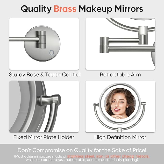 GURUN Wall Mounted Hardwired Makeup Mirror with 3 Dimmable LED Lights 10x Magnifying Mirror for Bathroom Touch Control 13" Extendable Arm Direct Wire Brushed Nickel M1809DN (10x,Nickel)