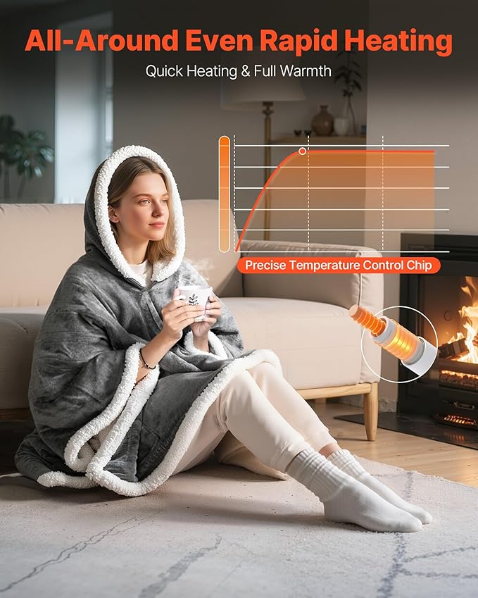 VEVOR Wearable Heated Throw Blanket Electric Shawl, Portable Robe Blanket Hoodie for Women, 5 Heating Levels, 3H Auto Shut-Off, Overheat Protection,Winter for Adult Mom Girlfriend,Machine Washable