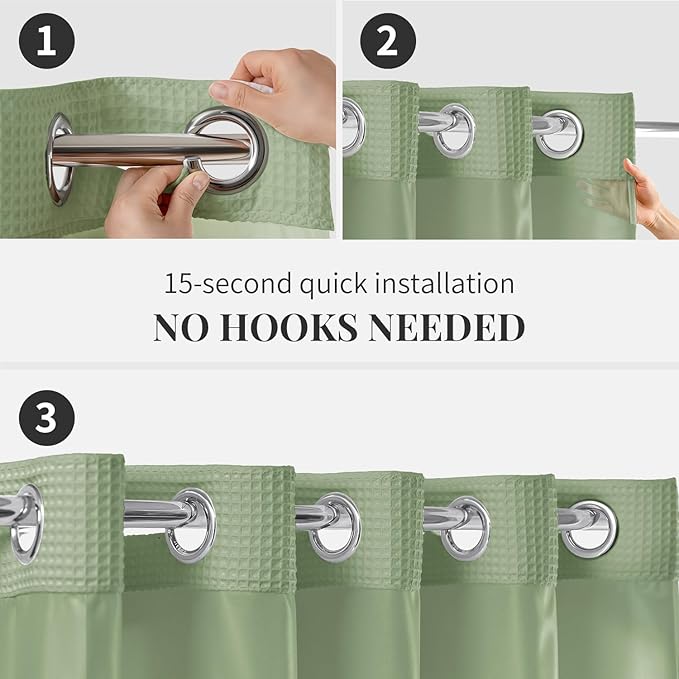 River Dream Sage Green Fabric Shower Curtain Set, Cotton Blend, Waffle Weave, with Snap in Replacement Liner，71 x 74 inches