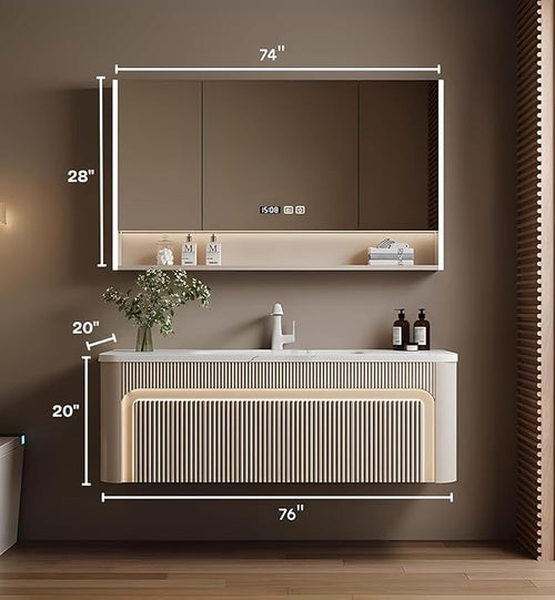 76” Bathroom Vanity Set, Floating Bathroom Vanities with Single Sink, Smart Defog Mirror Cabinet and LED Strip Light, Oak Wood Elegant Bathroom Cabinet with Storage Space (Milk Coffee)