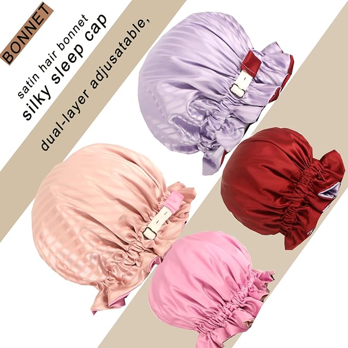 Satin bonnet 2PCS silk hair bonnet cap for women Adjustable sleep cap for curly natural hair double-layer Washable