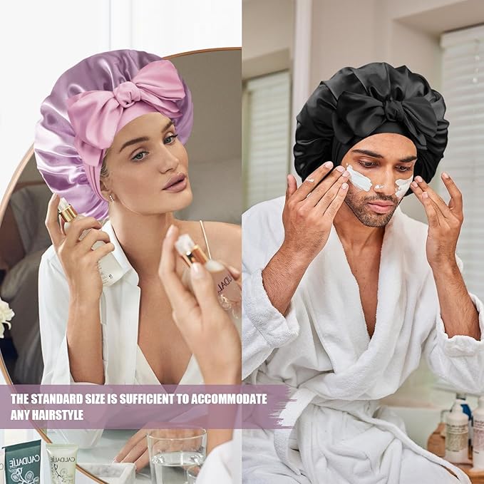 Silk Bonnet for Sleeping Women, Adjustable Soft Satin Lined Bonnet with Tie Band, Double Layer Sleep Night Cap