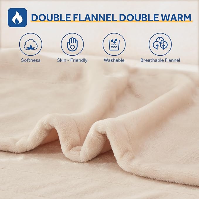 Sealy Heated Blanket Electric Throw 50"x60", Soft Double Flannel Electric Blanket with 6 Heat Levels & 2-10 Hours Auto Shut Off, Machine Washable, Even Heat Distribution, Beige