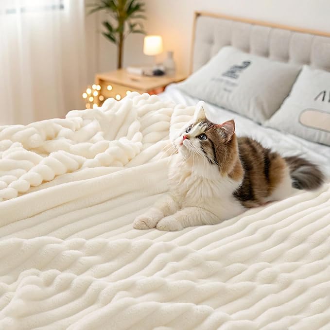 decorUhome Christmas Soft Fleece Cream White Blanket Queen Size for Bed, Cozy Fluffy Plush Flannel Large Striped Throws for Couch Sofa, Lightweight Decorative Fuzzy Blanket for Woman, 90x90 Inches