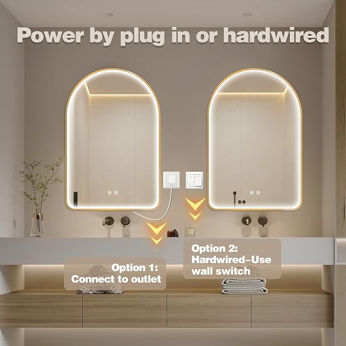Niccy Arched LED Bathroom Mirror, 40"x30" Gold Framed Arch Wall Lighted Mirrors, Arching Frontlit Vanity-Mirror with Memory Function for Bathroom Bedroom, Defogger and 3 Color, Explosion-Proof