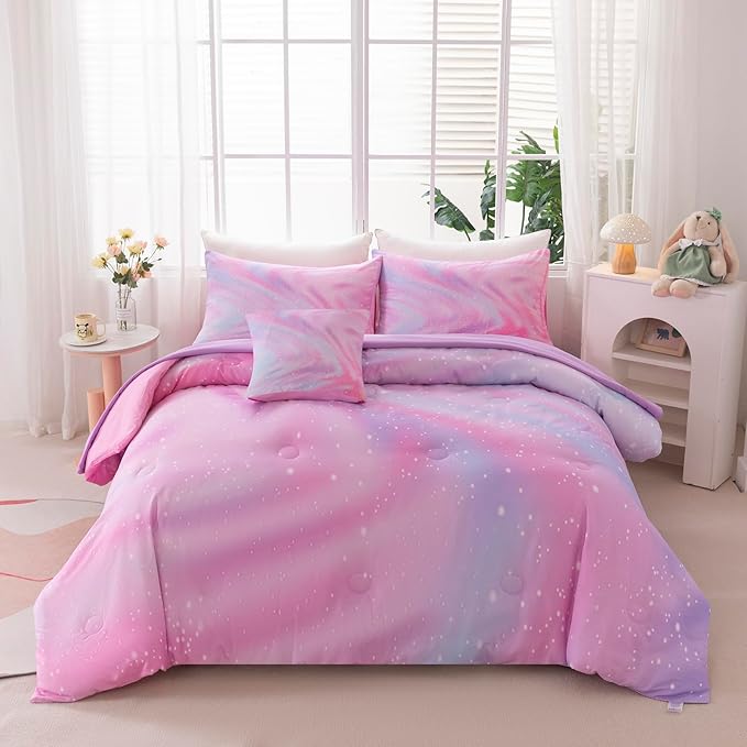 6Pcs Pink Comforter Set Full for Kids Girls, Pink Art Tie Dye Bedding Sets with Sheets, Bed in A Bag Full(1 Comforter, 1 Flat Sheet, 1 Fitted Sheet, 1 Cushion Cover, 2 Pillowcases)