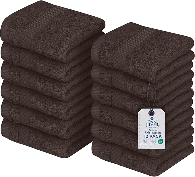 DAN RIVER 12-Pack Premium 100% Cotton Brown Face Towels – Reusable Face Towel Set, Soft & Absorbent Bath washcloths for Bathroom & Body – Hand and Face Towels, 550 GSM (12x12 in)