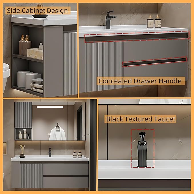 44IN Suspended Bathroom Cabinet Combo Set - Fully Functional LED Mirror with Smart Defogging & Time Display | Bathroom Vanity with Sink,Side Cabinet Storage Compartment (Style A)