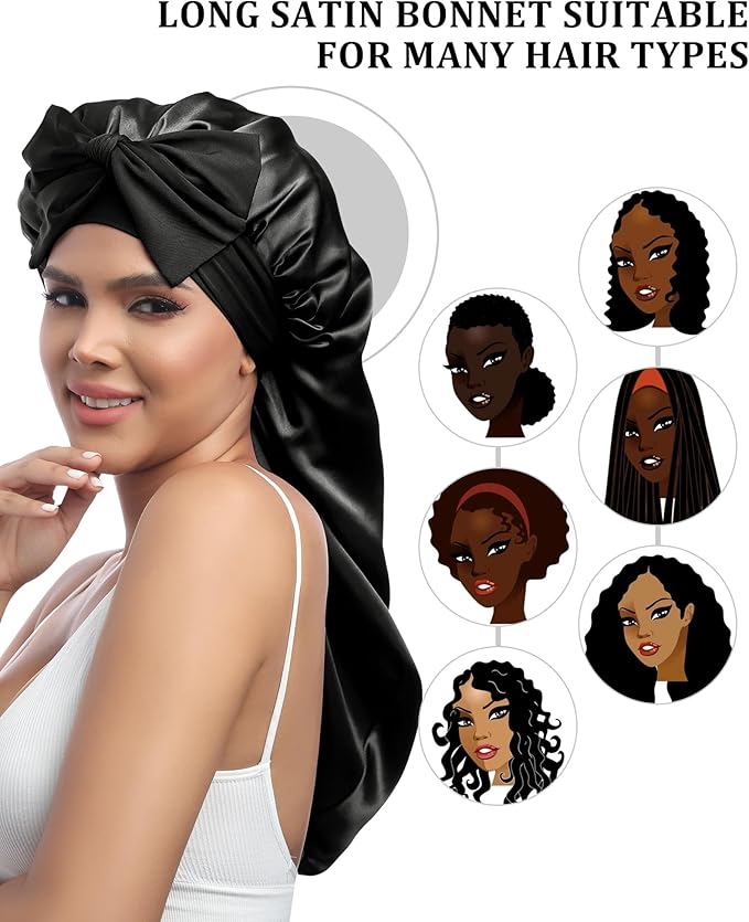 AWAYTR Long Satin Bonnet for Sleeping - Double Layer Reversible Silk Bonnet for Long Hair Women Sleeping Cap with Tie Band