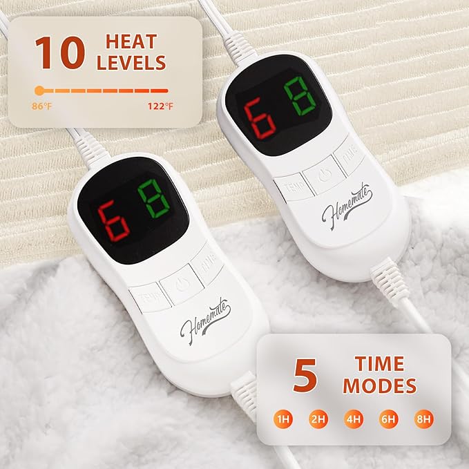 Homemate Electric Heated Blanket Queen Size - 84"x90" Heating Blanket Queen Size Dual Control 1/2/4/6/8 Hours Auto-Off 10 Heat Level Over-Heat Protection Soft Flannel Sherpa ETL Certification