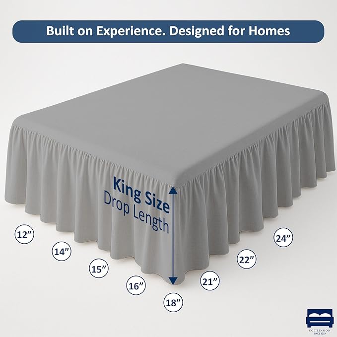 Ruffled Bed Skirt with Split Corners-Dust Ruffle - 12" Drop 100% Microfiber Soft,Sheen & Luxurious Look - Bed Skirts (Light Grey -King)