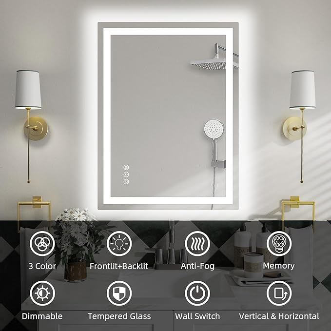 32"x 24" LED Bathroom Mirror with Lights, Dimmable, Double Lights, Backlit + Front Lit, 3 Colors Led Mirror for Bathroom, Lighted Bathroom Vanity Mirror, Tempered Glass(Horizontal/Vertical)