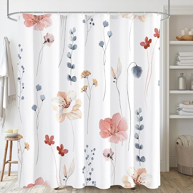 Gibelle Extra Long Shower Curtain 72 x 84, Watercolor Floral Fabric Shower Curtain, Coral Beige Flower Decorative Bathroom Shower Curtain Set with Hooks