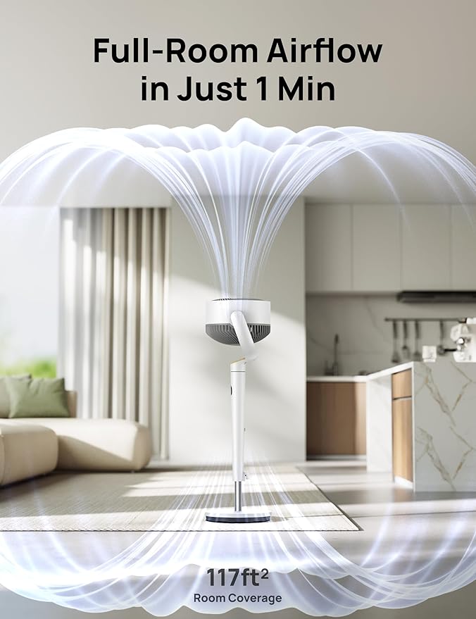 Dreo Fan for Bedroom, 120° Oscillating Standing Fan, Quiet Pedestal Fan with DC Motor, 9 Speeds, 4 modes, 20dB, 120° Manual Vertical, 37-42" Adjustable Height, 9H Timer, White