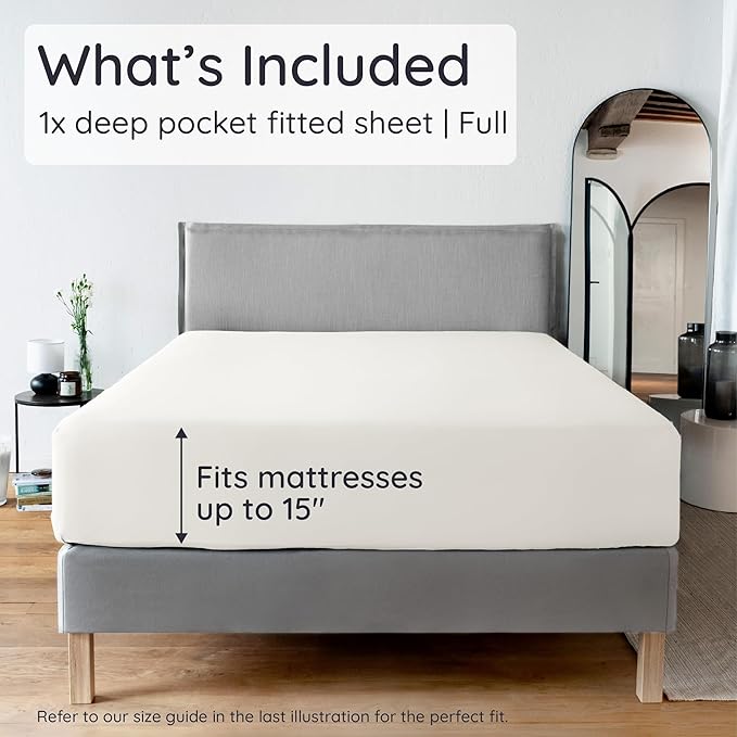 Bambaw 100% Viscose Derived from Bamboo Full Fitted Sheet Size, 15’’ Deep Pocket Full Fitted Sheets Only, Cooling Fitted Sheet with Corner Straps, Breathable Full Size Bed Fitted Sheet Only (Ivory)