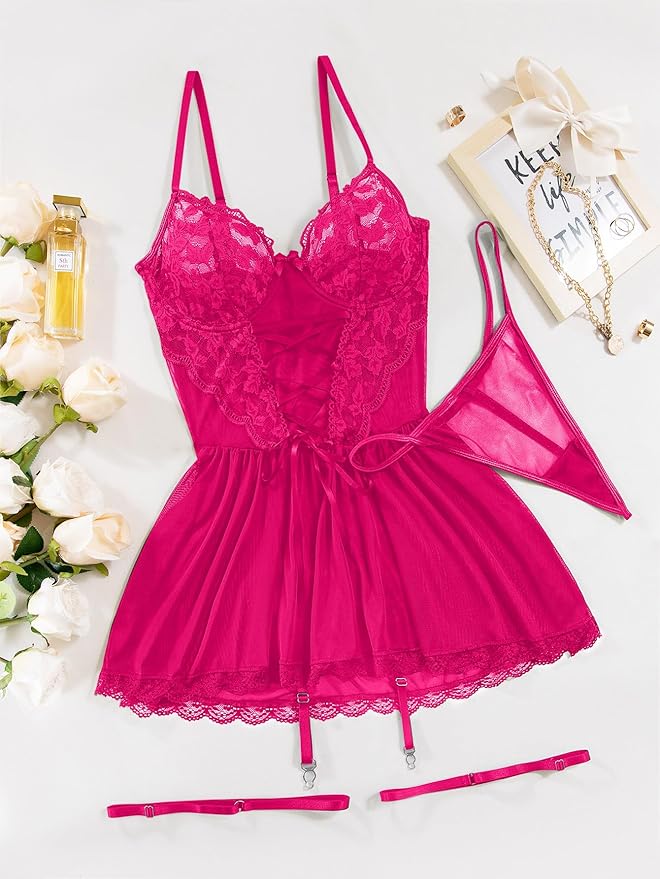 Lilosy Sexy Garter Belt Mesh Lace Babydoll Lingerie Dress Set with Thong