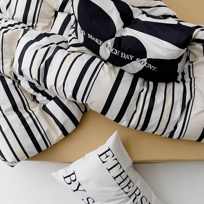 KAREVER Striped Comforter Set King Black and White Comforter Men Women Modern Chic Stripes Bed Comforters Beige Black Striped King Ticking Bedding Comforter Set All Season Hotel Quality Bed Set
