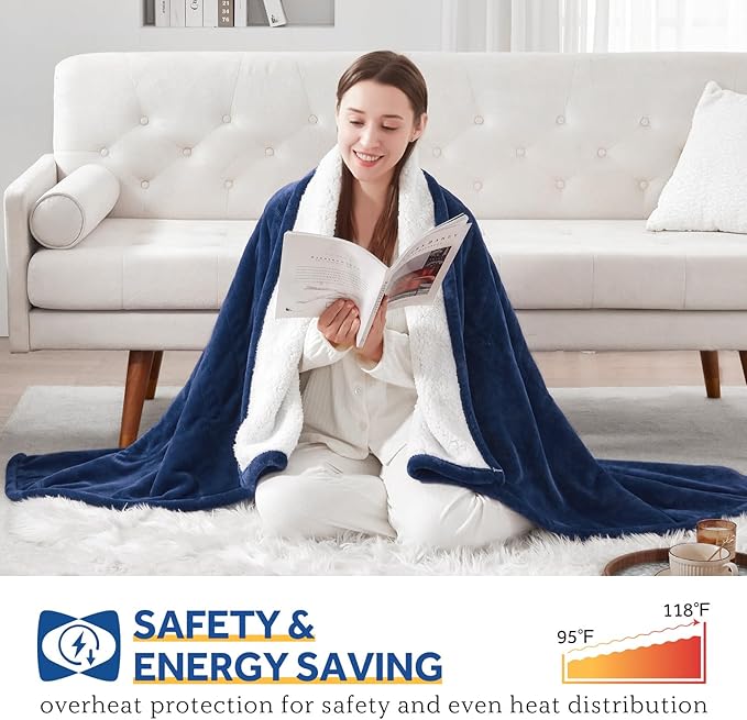 SEALY Heated Throw Blanket, Flannel & Sherpa Electric Throw with 6 Heat Setting & 2-10 Hours Auto Shut Off, Machine Washable, 50x60 Inch, Navy
