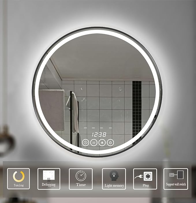 Wall-Mounted Round Bathroom Mirror with LED-Lights - 32 Inch Frame Vanity Mirrors(32" x 32", Black)