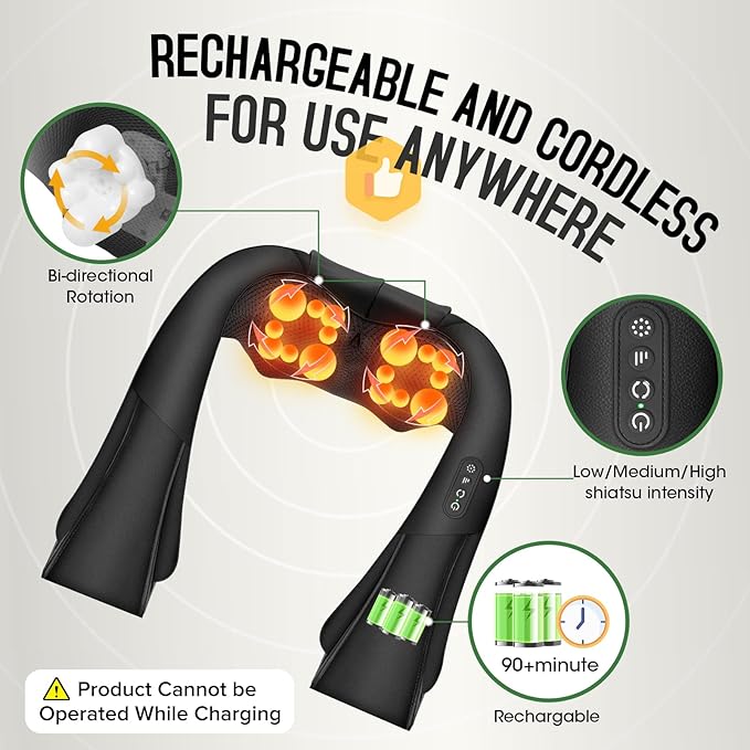 Cordless Shiatsu Neck and Shoulder Massager, Back Massager with Heat,Massage Deeper Tissue 4D Kneading Massage for Shoulder, Neck and Back, Use at Home, Office, Car - Gifts for Fathers Day Dad Gift