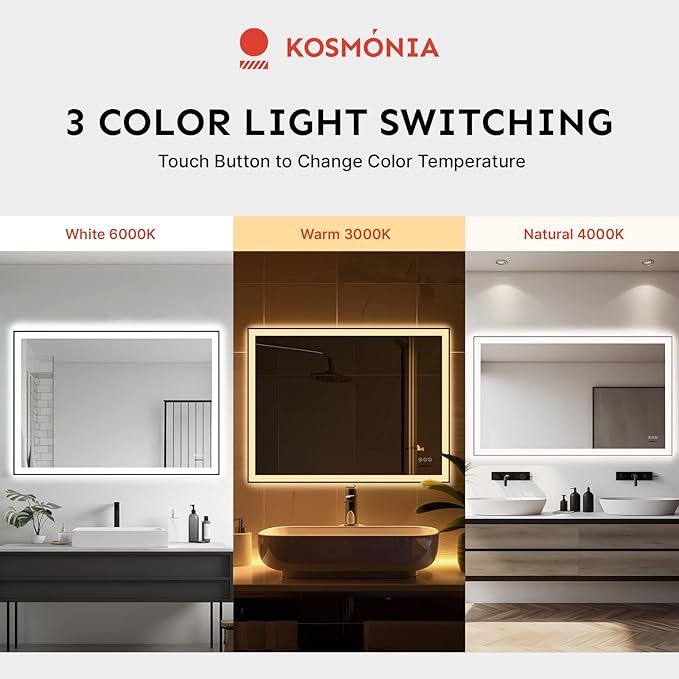 32x40'' LED Bathroom Mirror w/Light, Aluminum Frame, Dimmable Front & Backlit, Anti-Fog, Distortion Free, Light Memory, Tempered & Shatter-Proof Wall Mounted Vanity Silver Coating Mirror