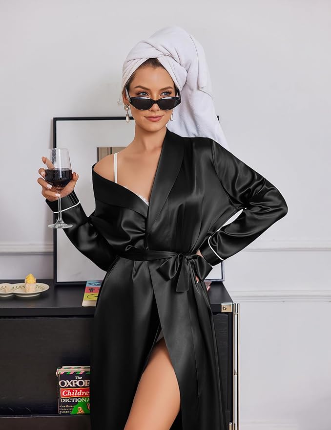 Ekouaer Silk Robes for Women Shawl Collar Satin Bathrobe Long Bride Wedding Party Robe Lightweight Sexy Sleepwear S-XXL