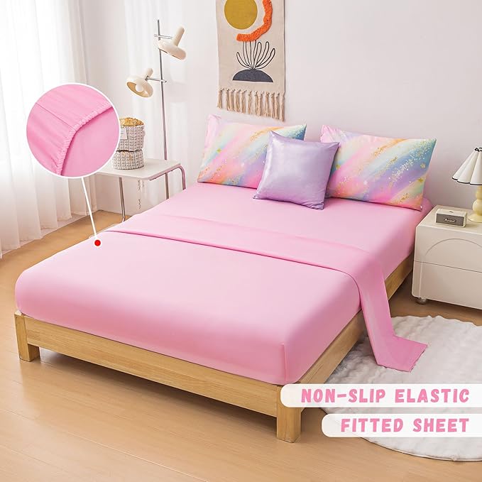 Rainbow Bedding Set Twin Size – 6-Piece Reversible Girls Comforter with Deep-Pocket Sheet, Gradient Galaxy Design, Whole-Piece Filling, Machine Washable Bed-in-a-Bag for Kids Room Makeover & Gifts