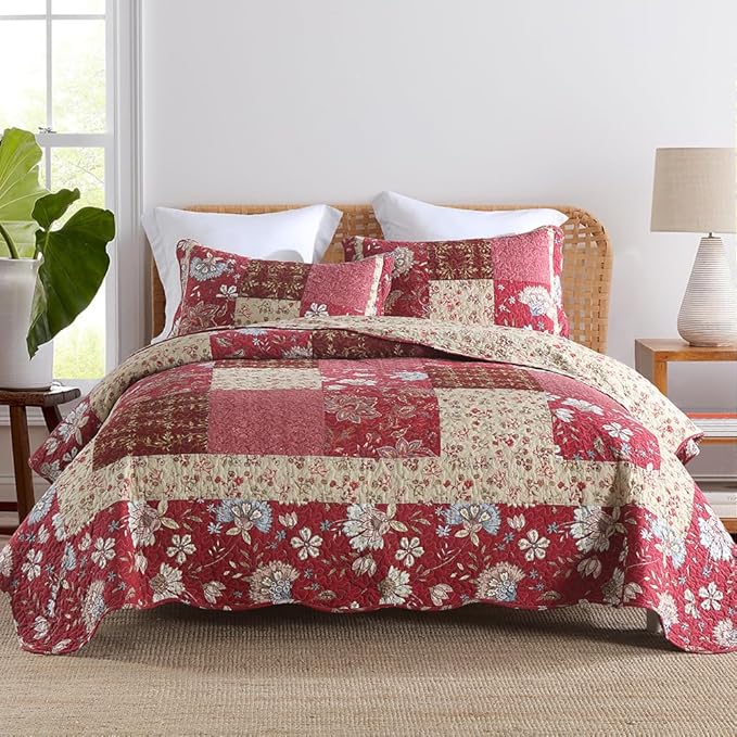 Cotton Bedspread Quilt Bedding Sets 3 Pieces Reversible Coverlet Sets Comforters Vintage Floral Patchwork Purple Red Bedspread, Queen Size