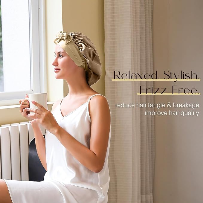 ZIMASILK 100% Mulberry Silk Bonnet for Sleeping Women Long Hair Double Layer Silk Hair Wrap with Tie Band Stay On Head (1Pc, Light Coffee)