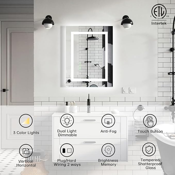 16x20 Inch LED Bathroom Mirror Frameless Vanity Mirror with Lights Backlit and Frontlit Dimmable Anti-Fog (Auto Off) Memory Makeup Wall Mirror for Bedroom Cloakroom Living Room
