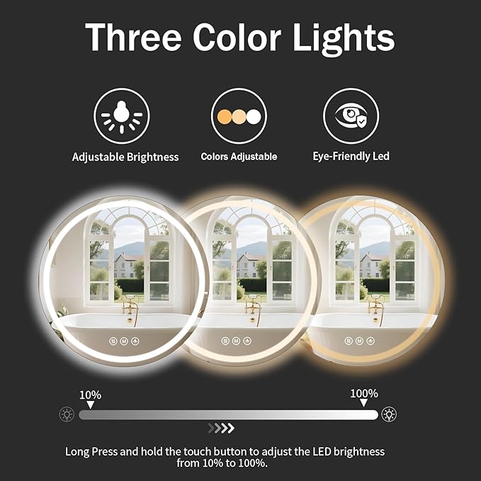 LED Bathroom Mirror 30 Inch Round Bathroom Mirror with Lights, Circle LED Mirror, Wall Mounted Lighted Bathroom with 3 Colors Brightness, Anti-Fog, Dimmable, Shatter-Proof