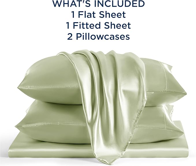 Bedsure Satin Sheets Full Size - 4 Piece Silky Bedsheets with 15 Inches Deep Pocket Fitted Bedsheet,1 Flat Sheet, 2 Satin Pillowcases, Good for Hair & Skin (Full, Sage Green)