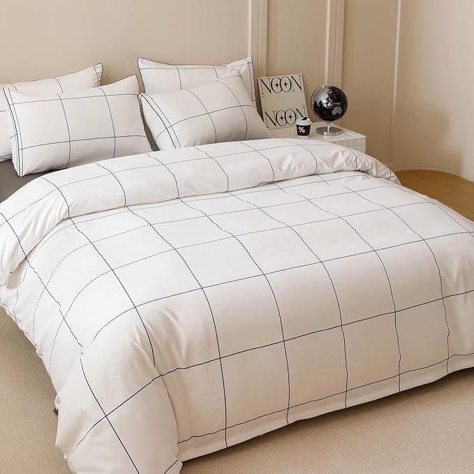 KAREVER White Grid Comforter Full Women Navy Blue Square Lines Checkered Bedding Set Full White Plaid Comforter Full Size