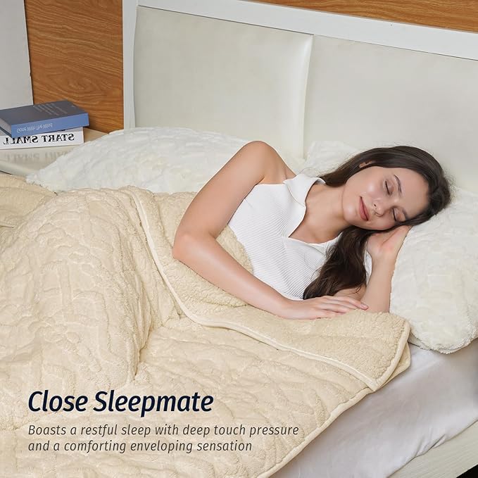 Wemore Weighted Blanket for Adults Twin Size 15 lbs, Dual Sided Soft Fuzzy Jacquard Sherpa Weighted Blankets for Sleeping, Cozy Fluffy Knitted Heavy Blanket for Couch Bed, Khaki, 60 x 80 inches