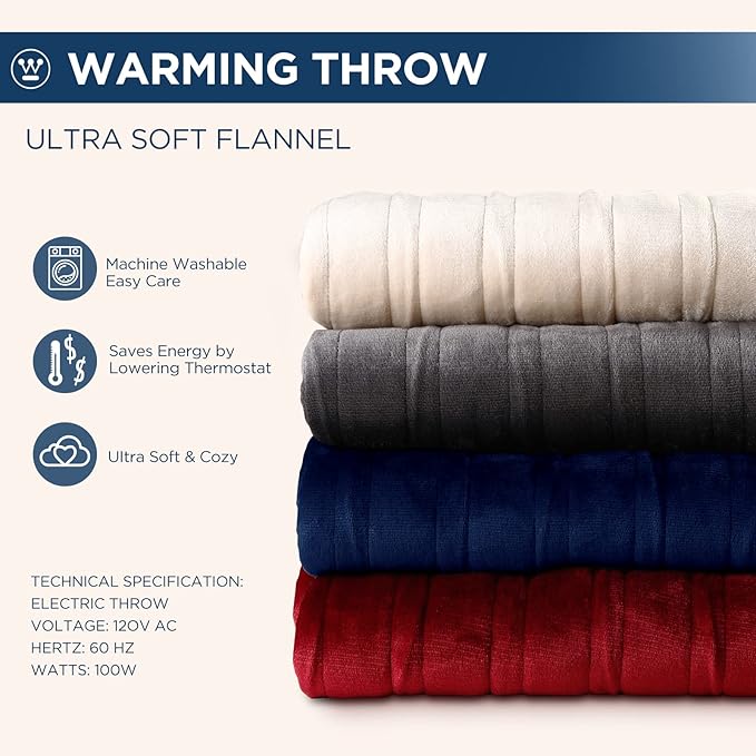 Westinghouse Electric Blanket Heated Throw, Super Cozy Soft Flannel 50"" x 60"" Heated Throw with 6 Fast Heating Levels & 2-10 Auto-Off, Machine Washable, ETL&FCC Certification, Home Office Use, Beige
